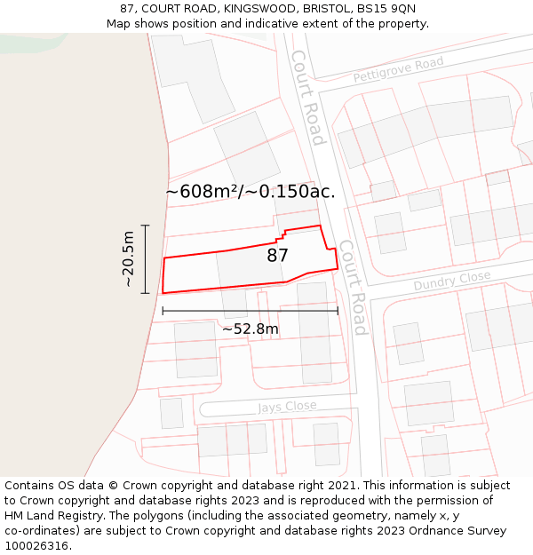 87, COURT ROAD, KINGSWOOD, BRISTOL, BS15 9QN: Plot and title map