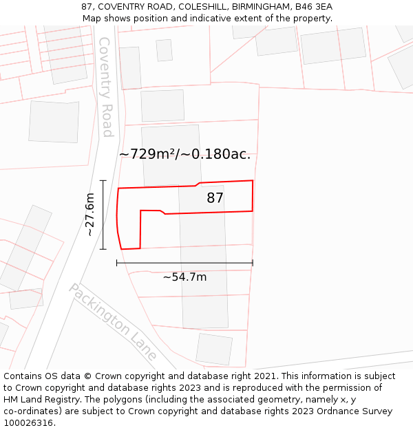 87, COVENTRY ROAD, COLESHILL, BIRMINGHAM, B46 3EA: Plot and title map