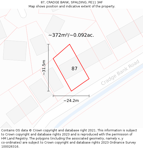 87, CRADGE BANK, SPALDING, PE11 3AF: Plot and title map