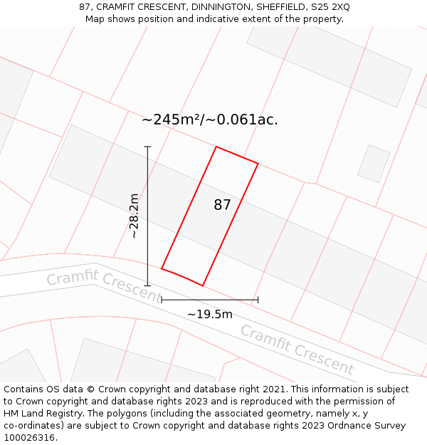 87, CRAMFIT CRESCENT, DINNINGTON, SHEFFIELD, S25 2XQ: Plot and title map