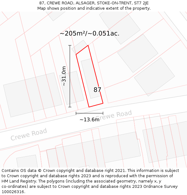 87, CREWE ROAD, ALSAGER, STOKE-ON-TRENT, ST7 2JE: Plot and title map