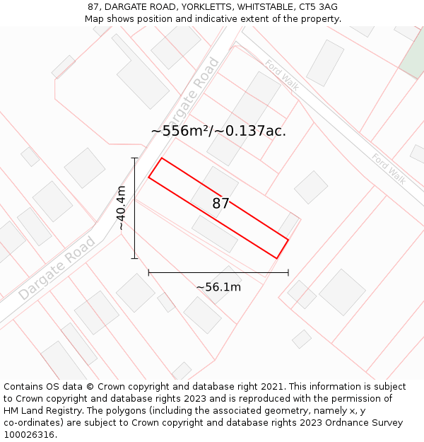 87, DARGATE ROAD, YORKLETTS, WHITSTABLE, CT5 3AG: Plot and title map