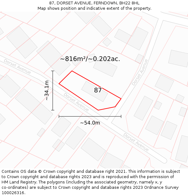 87, DORSET AVENUE, FERNDOWN, BH22 8HL: Plot and title map