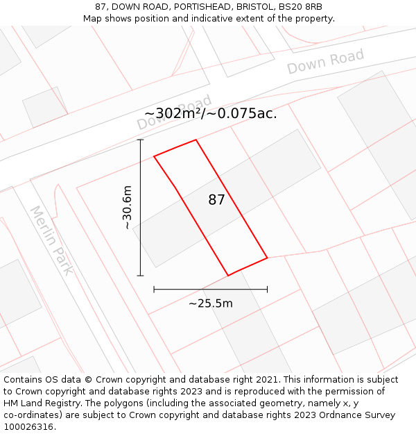 87, DOWN ROAD, PORTISHEAD, BRISTOL, BS20 8RB: Plot and title map