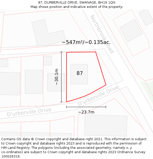 87, DURBERVILLE DRIVE, SWANAGE, BH19 1QN: Plot and title map