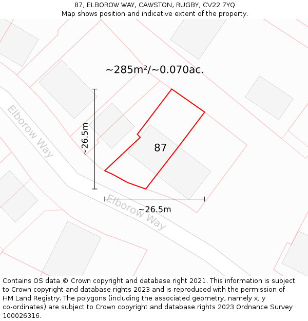 87, ELBOROW WAY, CAWSTON, RUGBY, CV22 7YQ: Plot and title map