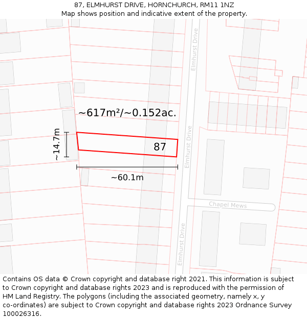 87, ELMHURST DRIVE, HORNCHURCH, RM11 1NZ: Plot and title map