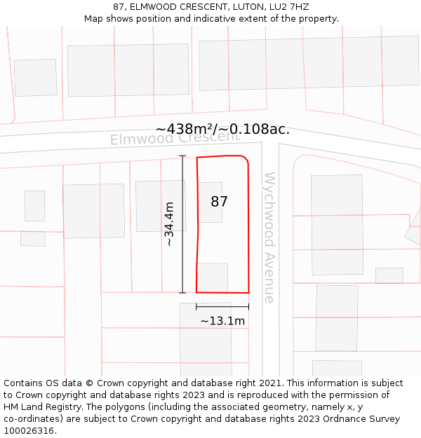 87, ELMWOOD CRESCENT, LUTON, LU2 7HZ: Plot and title map