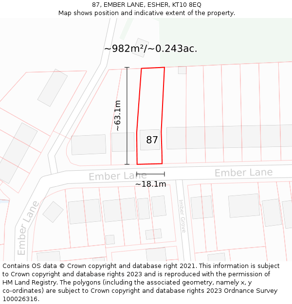 87, EMBER LANE, ESHER, KT10 8EQ: Plot and title map