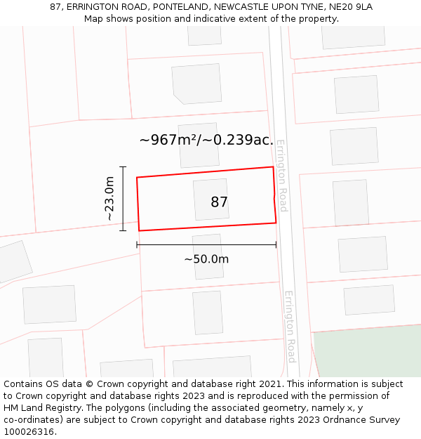 87, ERRINGTON ROAD, PONTELAND, NEWCASTLE UPON TYNE, NE20 9LA: Plot and title map