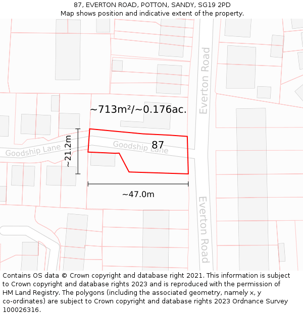 87, EVERTON ROAD, POTTON, SANDY, SG19 2PD: Plot and title map