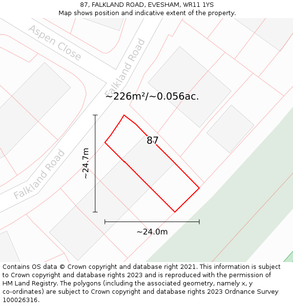 87, FALKLAND ROAD, EVESHAM, WR11 1YS: Plot and title map