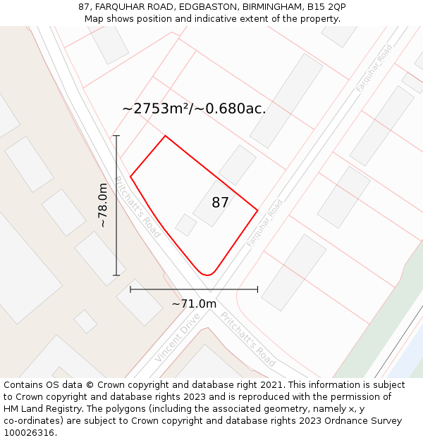 87, FARQUHAR ROAD, EDGBASTON, BIRMINGHAM, B15 2QP: Plot and title map