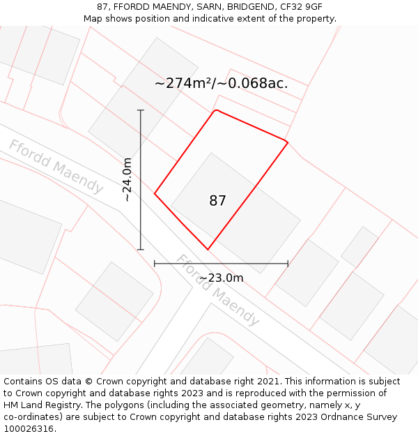 87, FFORDD MAENDY, SARN, BRIDGEND, CF32 9GF: Plot and title map