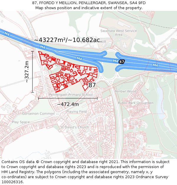 87, FFORDD Y MEILLION, PENLLERGAER, SWANSEA, SA4 9FD: Plot and title map