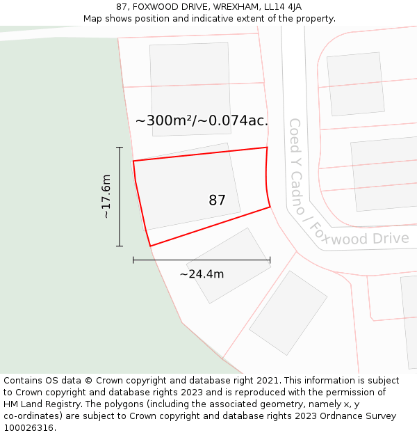 87, FOXWOOD DRIVE, WREXHAM, LL14 4JA: Plot and title map