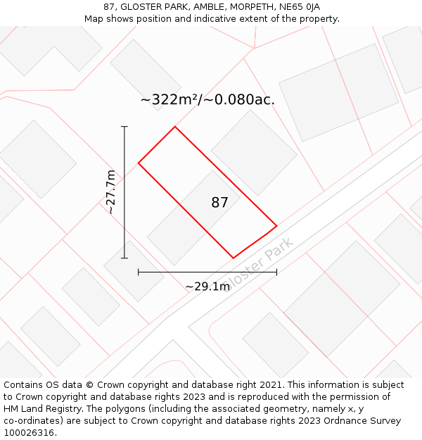 87, GLOSTER PARK, AMBLE, MORPETH, NE65 0JA: Plot and title map