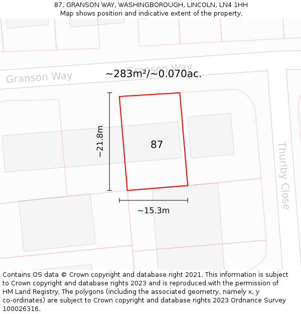 87, GRANSON WAY, WASHINGBOROUGH, LINCOLN, LN4 1HH: Plot and title map