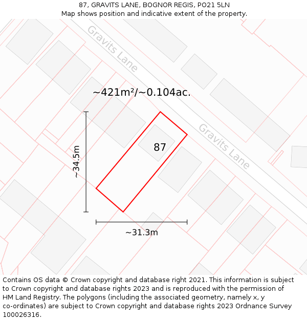 87, GRAVITS LANE, BOGNOR REGIS, PO21 5LN: Plot and title map