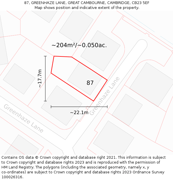 87, GREENHAZE LANE, GREAT CAMBOURNE, CAMBRIDGE, CB23 5EF: Plot and title map