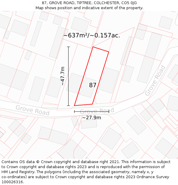87, GROVE ROAD, TIPTREE, COLCHESTER, CO5 0JG: Plot and title map