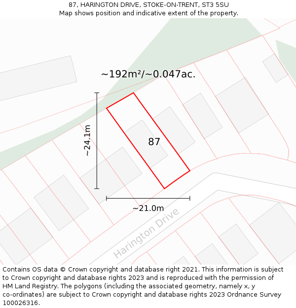 87, HARINGTON DRIVE, STOKE-ON-TRENT, ST3 5SU: Plot and title map