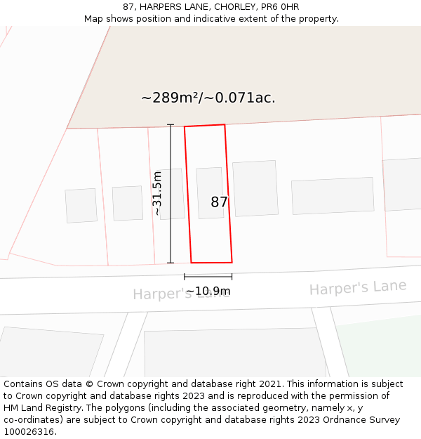 87, HARPERS LANE, CHORLEY, PR6 0HR: Plot and title map