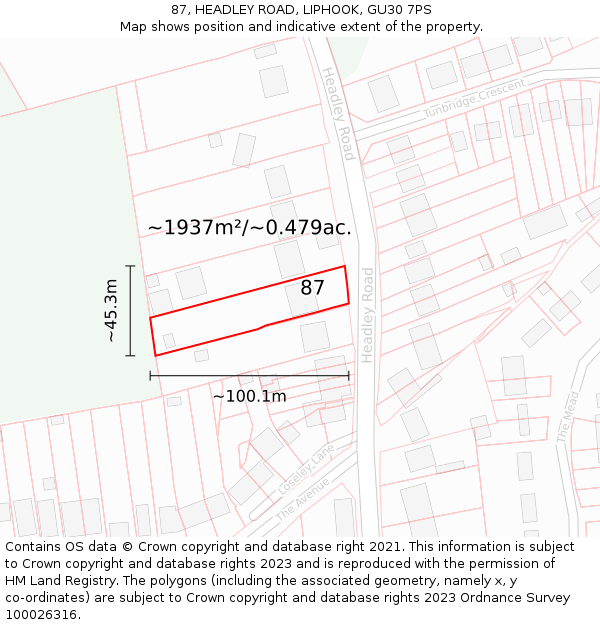 87, HEADLEY ROAD, LIPHOOK, GU30 7PS: Plot and title map