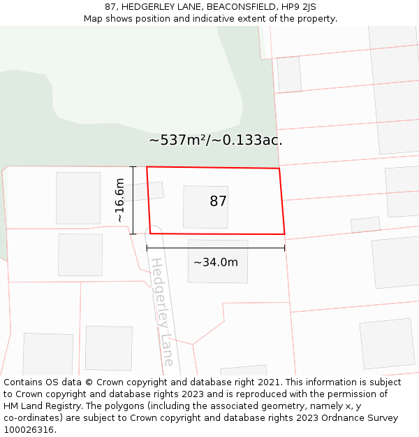 87, HEDGERLEY LANE, BEACONSFIELD, HP9 2JS: Plot and title map