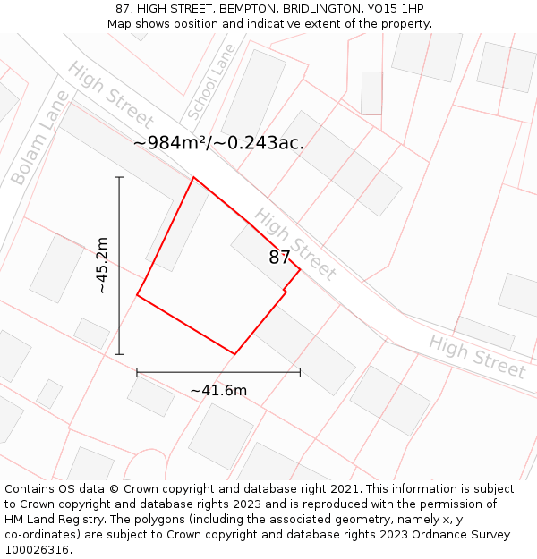 87, HIGH STREET, BEMPTON, BRIDLINGTON, YO15 1HP: Plot and title map