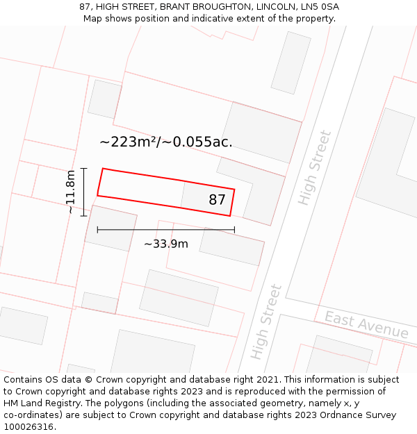 87, HIGH STREET, BRANT BROUGHTON, LINCOLN, LN5 0SA: Plot and title map