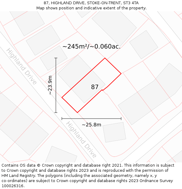 87, HIGHLAND DRIVE, STOKE-ON-TRENT, ST3 4TA: Plot and title map