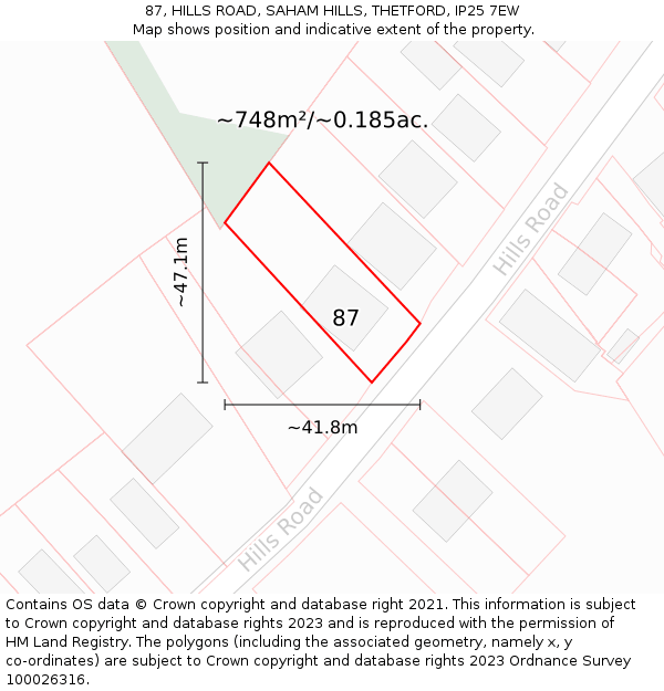 87, HILLS ROAD, SAHAM HILLS, THETFORD, IP25 7EW: Plot and title map