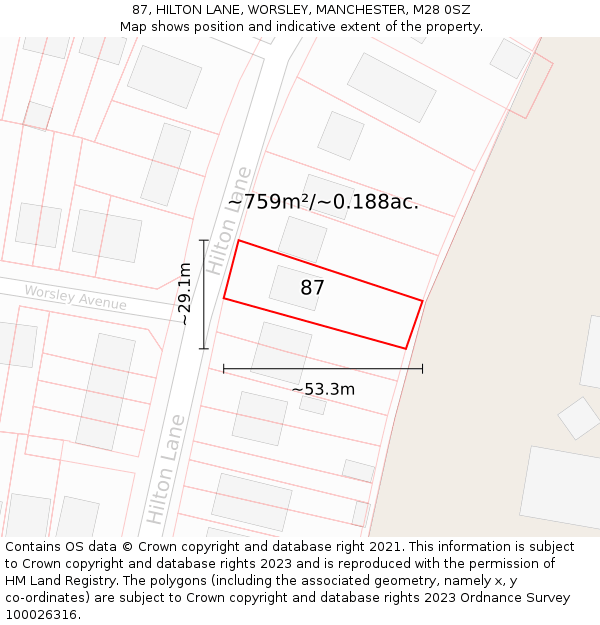 87, HILTON LANE, WORSLEY, MANCHESTER, M28 0SZ: Plot and title map