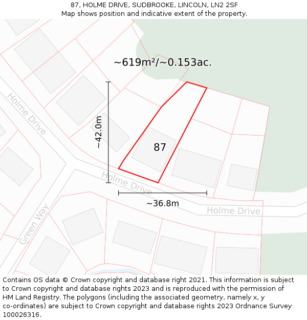 87, HOLME DRIVE, SUDBROOKE, LINCOLN, LN2 2SF: Plot and title map