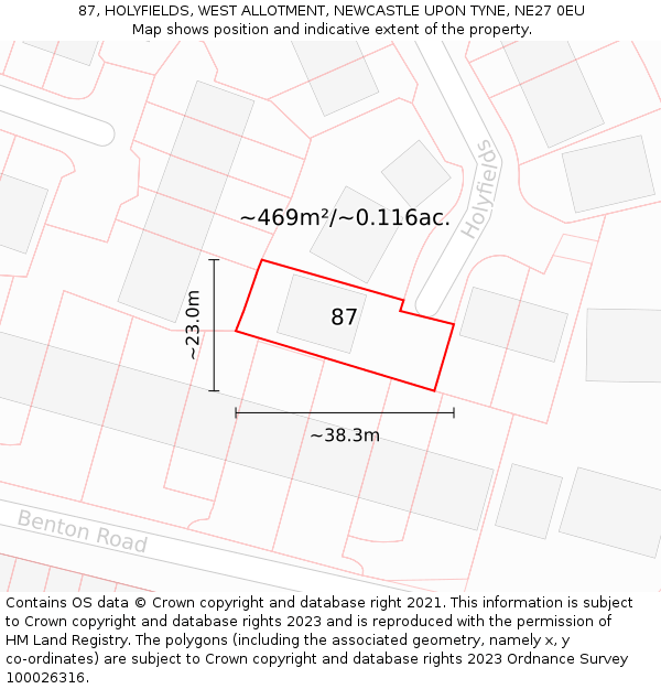 87, HOLYFIELDS, WEST ALLOTMENT, NEWCASTLE UPON TYNE, NE27 0EU: Plot and title map