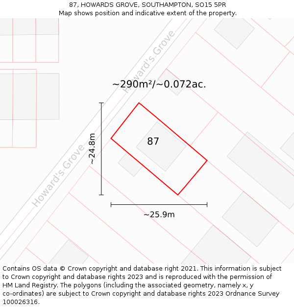 87, HOWARDS GROVE, SOUTHAMPTON, SO15 5PR: Plot and title map
