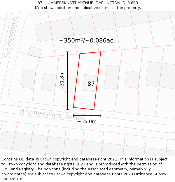 87, HUMMERSKNOTT AVENUE, DARLINGTON, DL3 8RR: Plot and title map