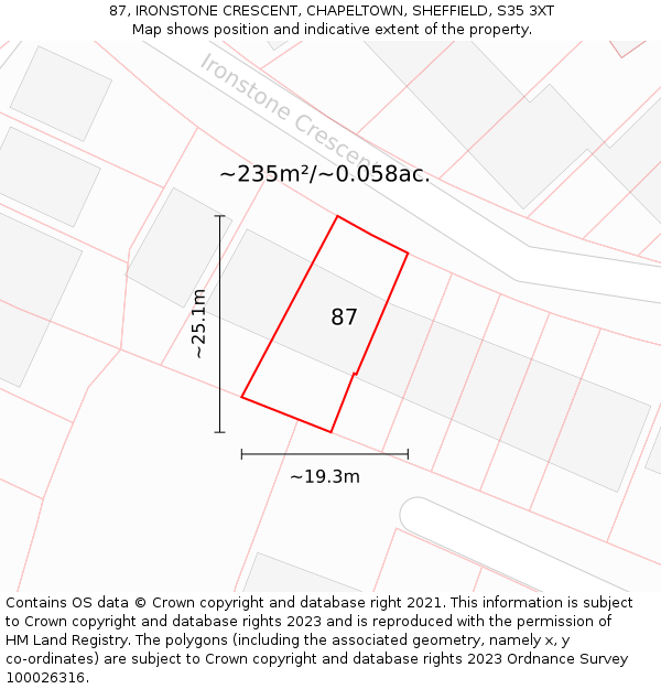 87, IRONSTONE CRESCENT, CHAPELTOWN, SHEFFIELD, S35 3XT: Plot and title map