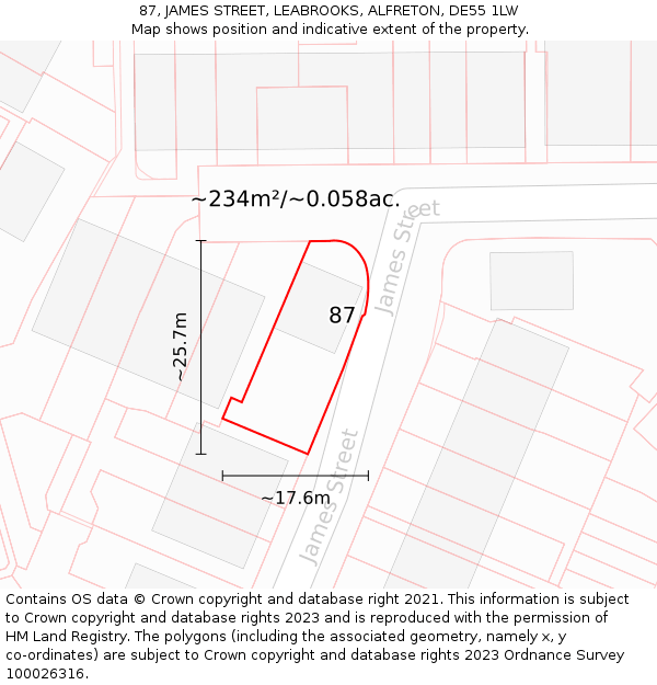 87, JAMES STREET, LEABROOKS, ALFRETON, DE55 1LW: Plot and title map