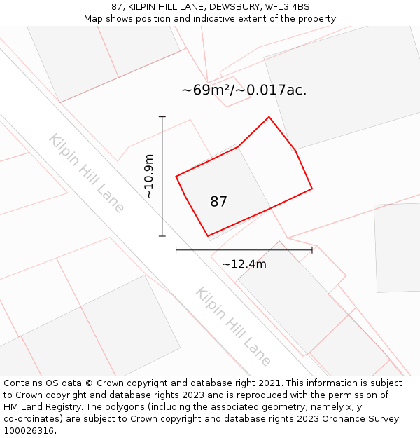 87, KILPIN HILL LANE, DEWSBURY, WF13 4BS: Plot and title map