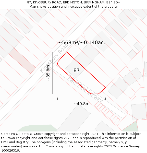 87, KINGSBURY ROAD, ERDINGTON, BIRMINGHAM, B24 8QH: Plot and title map