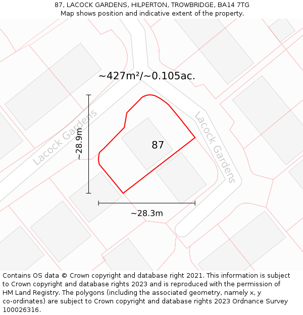 87, LACOCK GARDENS, HILPERTON, TROWBRIDGE, BA14 7TG: Plot and title map