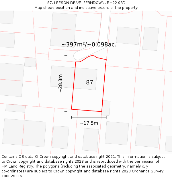 87, LEESON DRIVE, FERNDOWN, BH22 9RD: Plot and title map