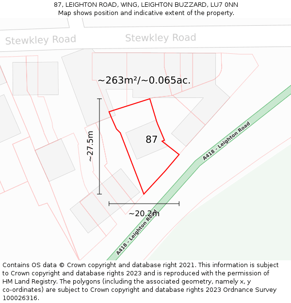 87, LEIGHTON ROAD, WING, LEIGHTON BUZZARD, LU7 0NN: Plot and title map