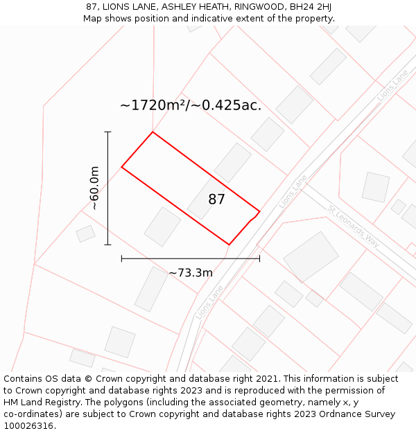 87, LIONS LANE, ASHLEY HEATH, RINGWOOD, BH24 2HJ: Plot and title map