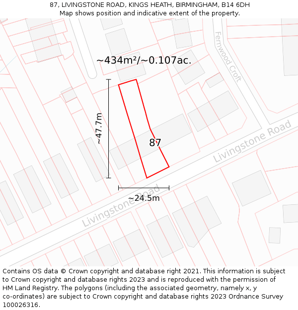 87, LIVINGSTONE ROAD, KINGS HEATH, BIRMINGHAM, B14 6DH: Plot and title map