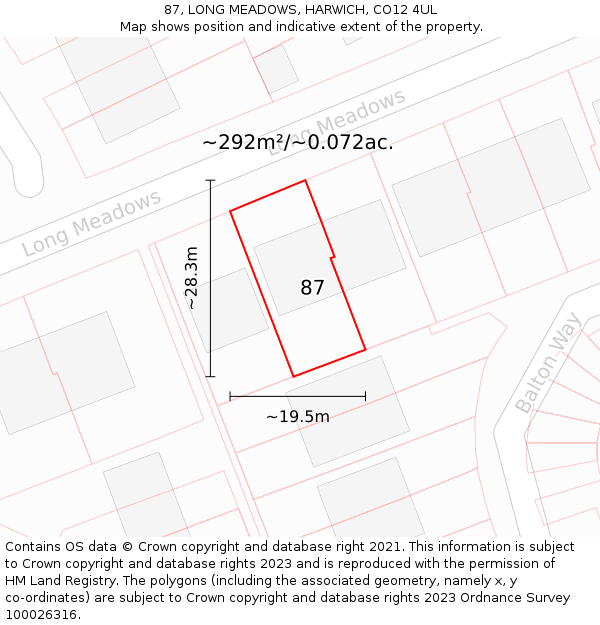 87, LONG MEADOWS, HARWICH, CO12 4UL: Plot and title map