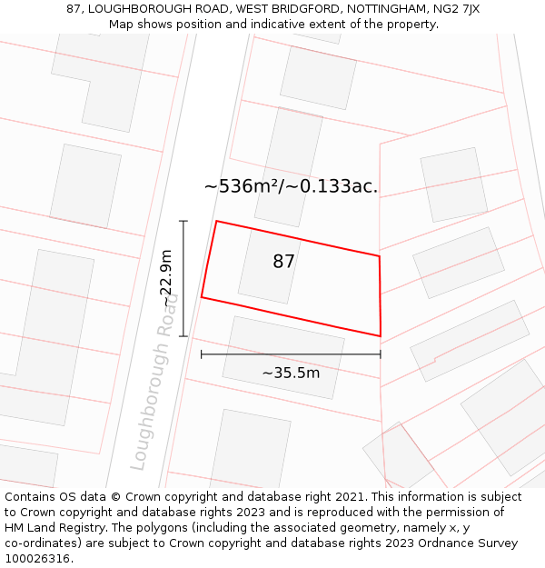 87, LOUGHBOROUGH ROAD, WEST BRIDGFORD, NOTTINGHAM, NG2 7JX: Plot and title map