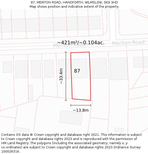 87, MERITON ROAD, HANDFORTH, WILMSLOW, SK9 3HD: Plot and title map